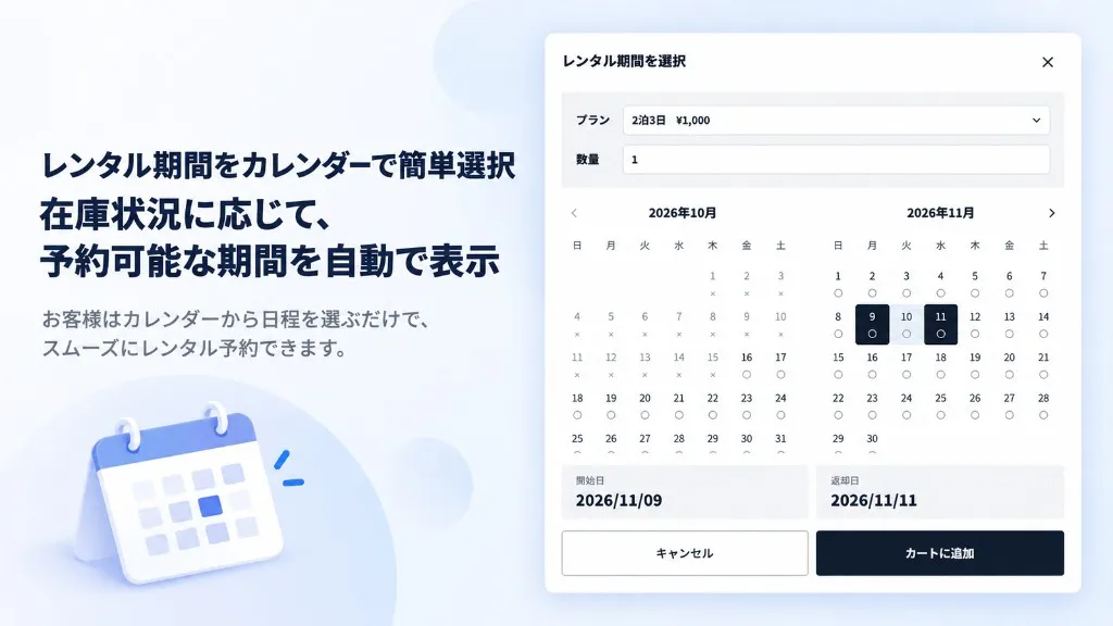 レンタル期間の選択画面。カレンダーから開始日と返却日を選べます。